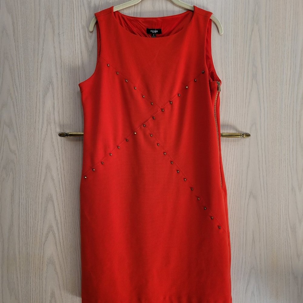 Premise Dress (12) Burnt Orange Sheath Dress with gold studs in X pattern lined